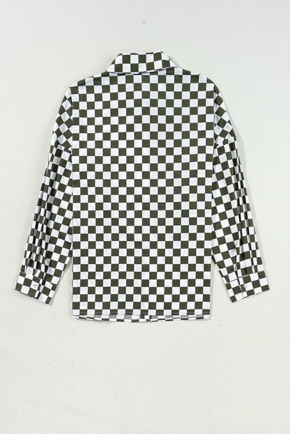 Green Checkerboard Printed Drop Shoulder Loose Casual Shirt - Love Salve