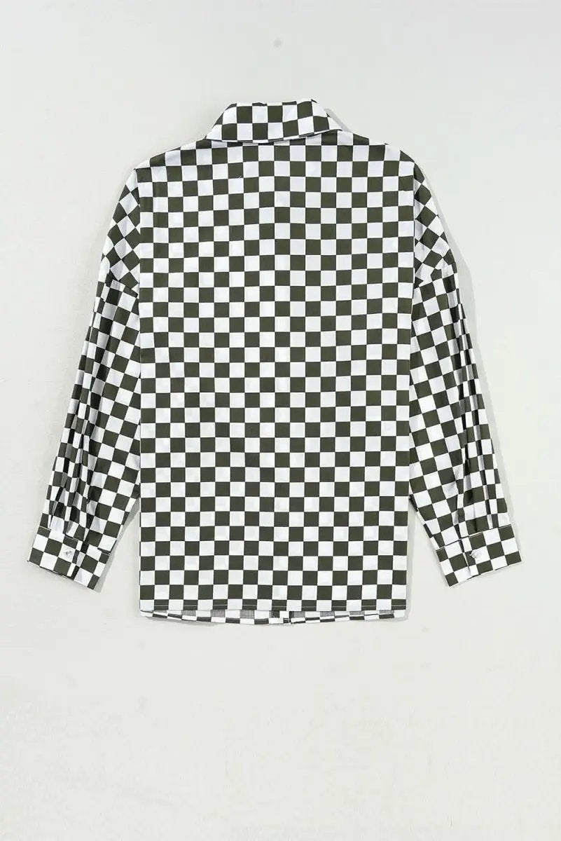 Green Checkerboard Printed Drop Shoulder Loose Casual Shirt - Love Salve 