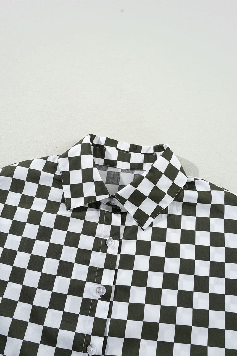 Green Checkerboard Printed Drop Shoulder Loose Casual Shirt - Love Salve