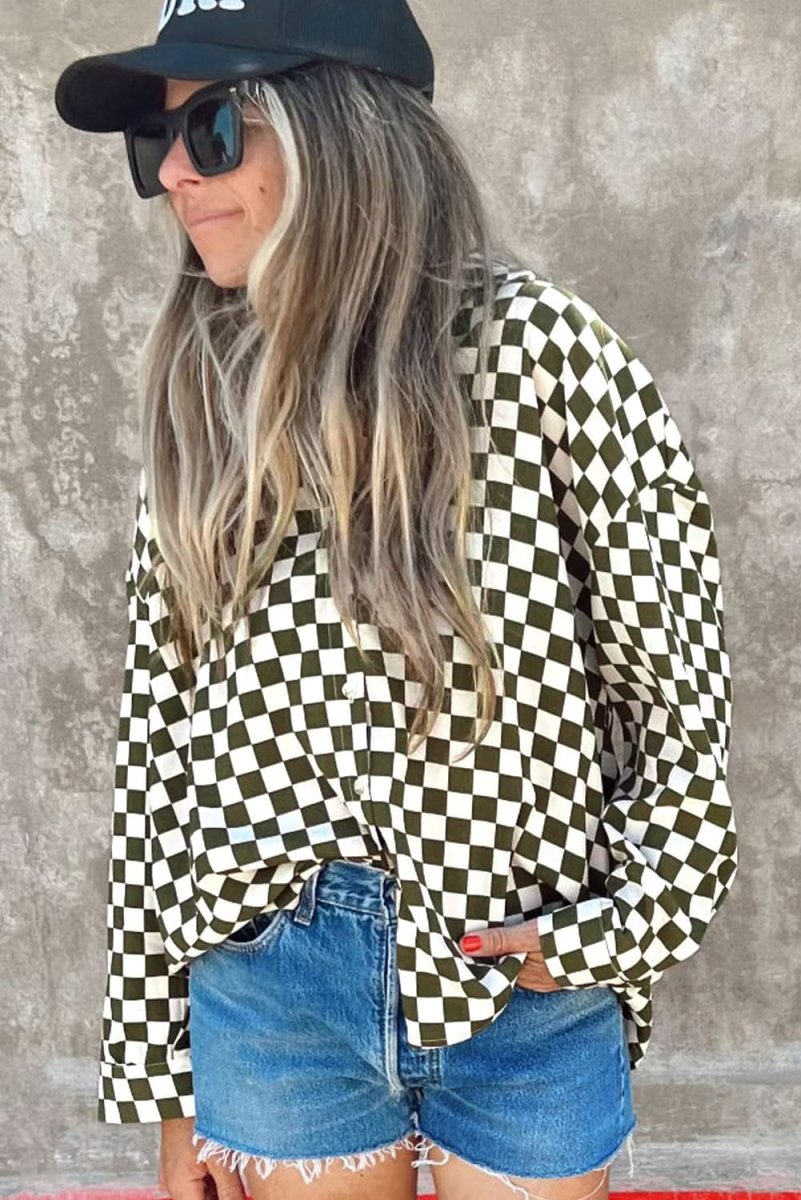Green Checkerboard Printed Drop Shoulder Loose Casual Shirt - Love Salve