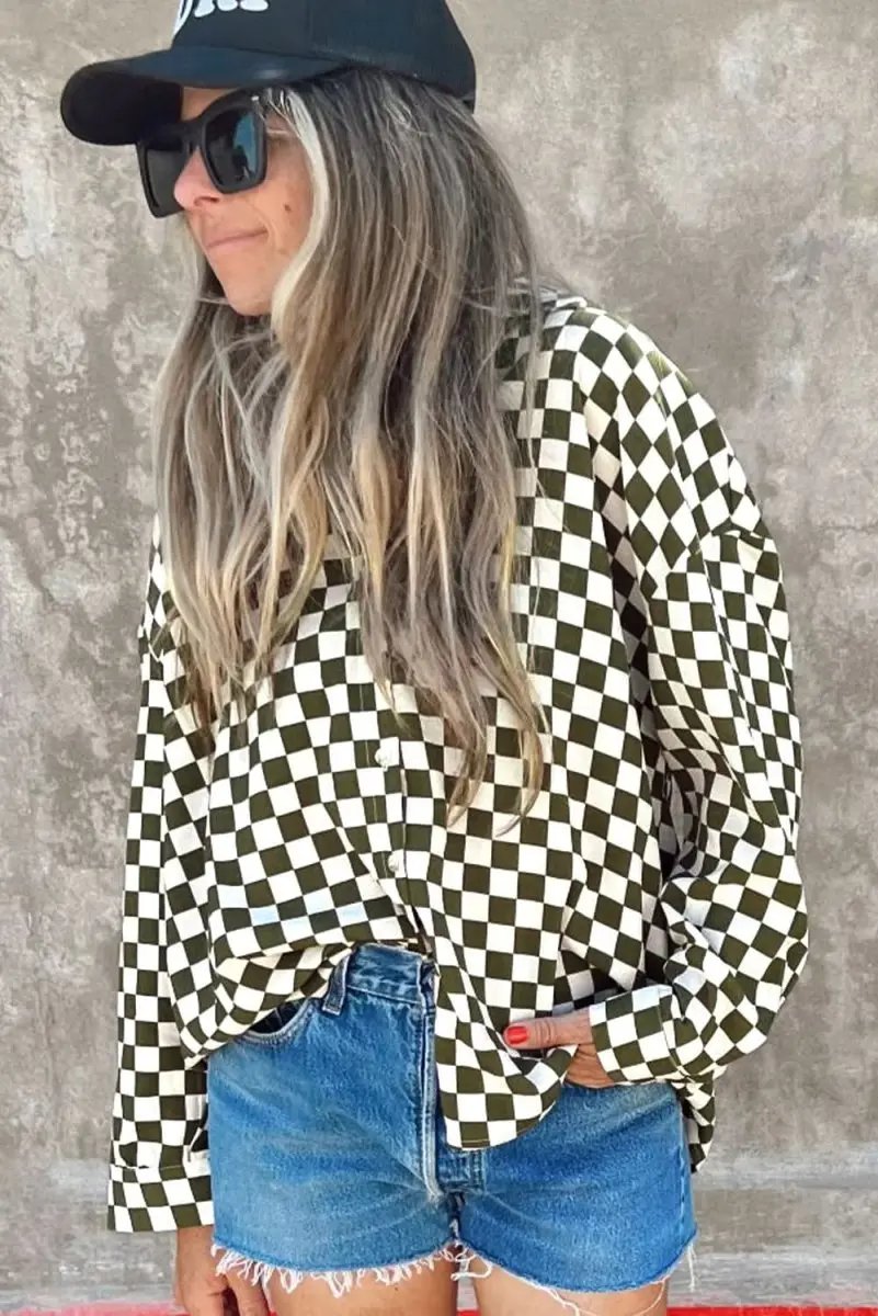 Green Checkerboard Printed Drop Shoulder Loose Casual Shirt - Love Salve 