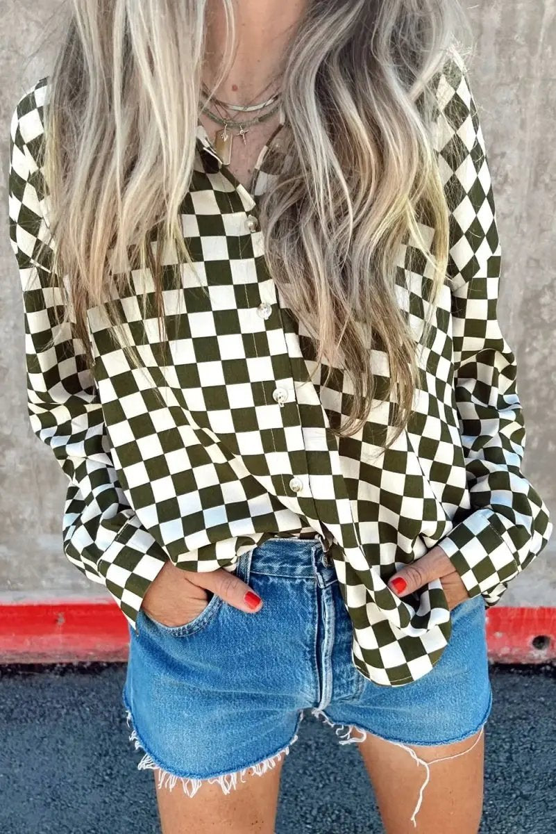 Green Checkerboard Printed Drop Shoulder Loose Casual Shirt - Love Salve 