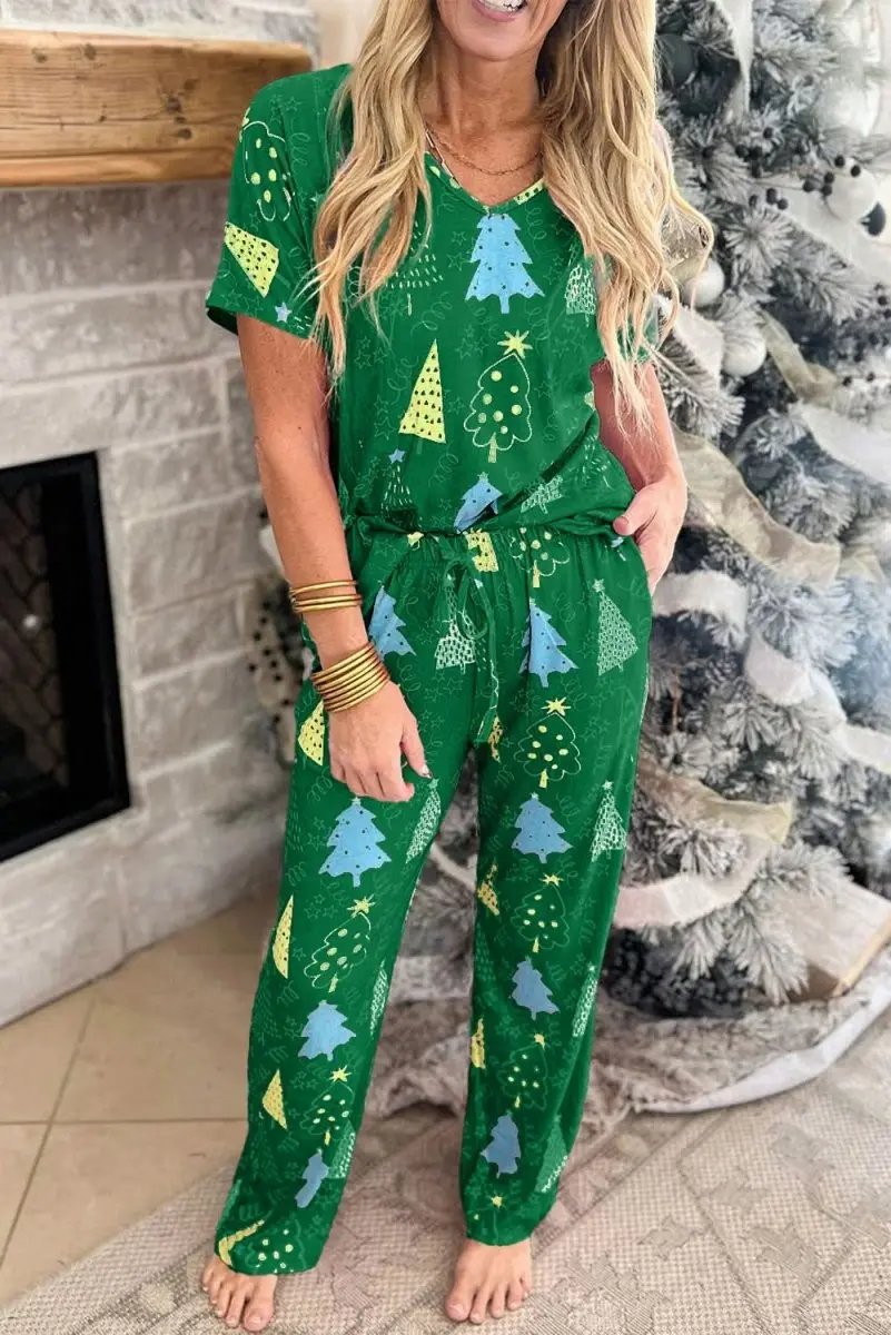 Green Christmas Tree Print V Neck Tee and Pants Lounge Set - Love Salve 