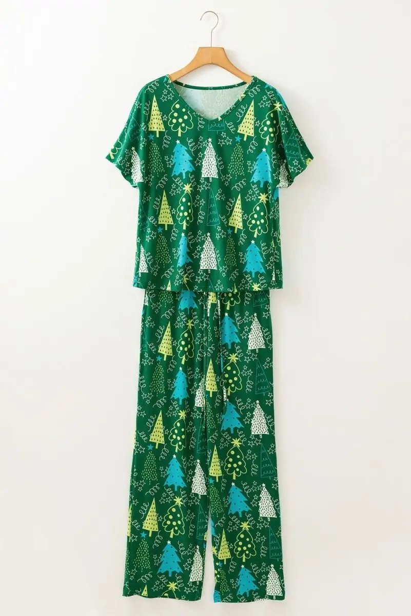Green Christmas Tree Print V Neck Tee and Pants Lounge Set - Love Salve 