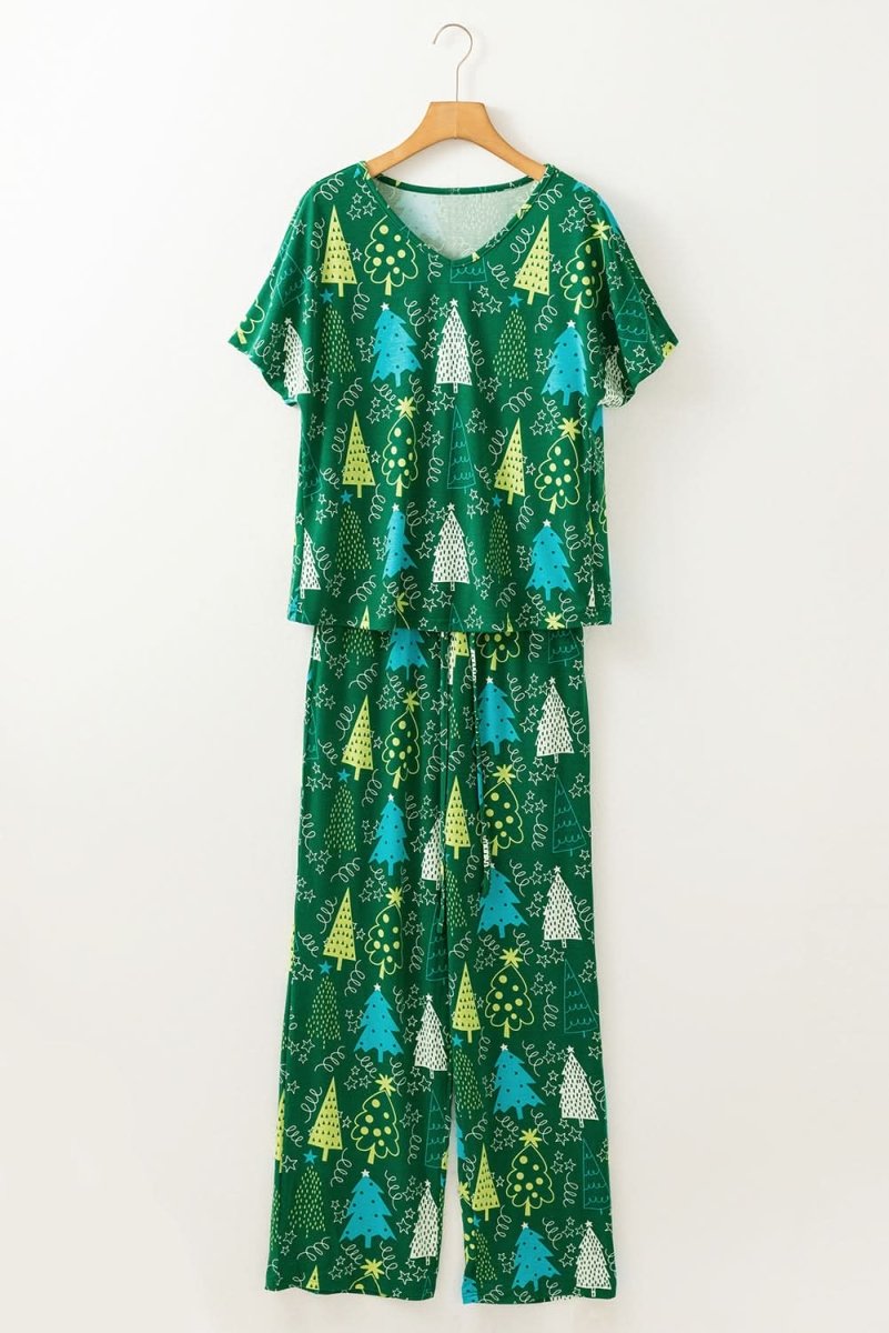 Green Christmas Tree Print V Neck Tee and Pants Lounge Set - Love Salve