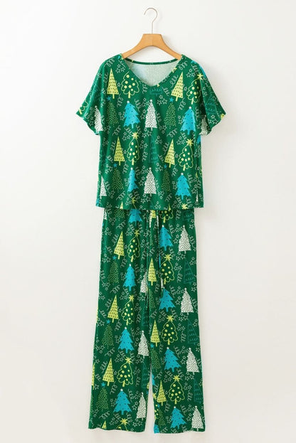 Green Christmas Tree Print V Neck Tee and Pants Lounge Set - Love Salve