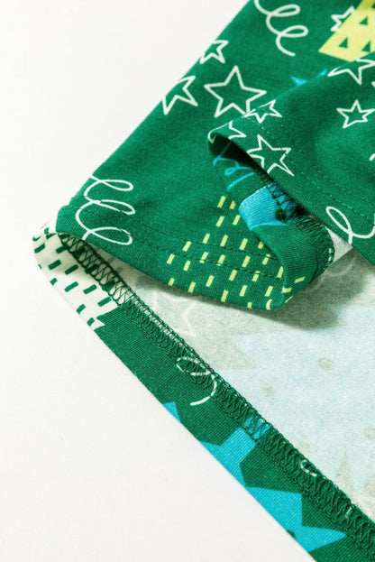 Green Christmas Tree Print V Neck Tee and Pants Lounge Set - Love Salve