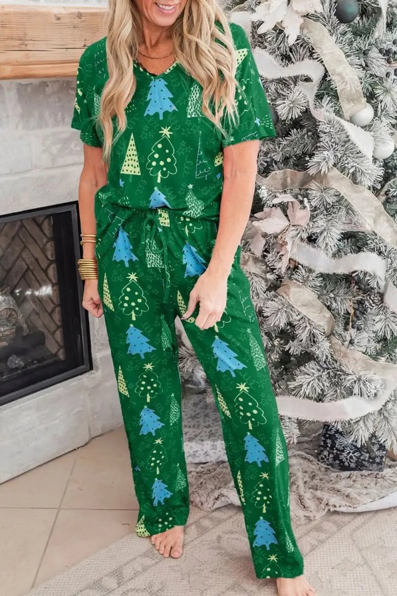 Green Christmas Tree Print V Neck Tee and Pants Lounge Set - Love Salve 