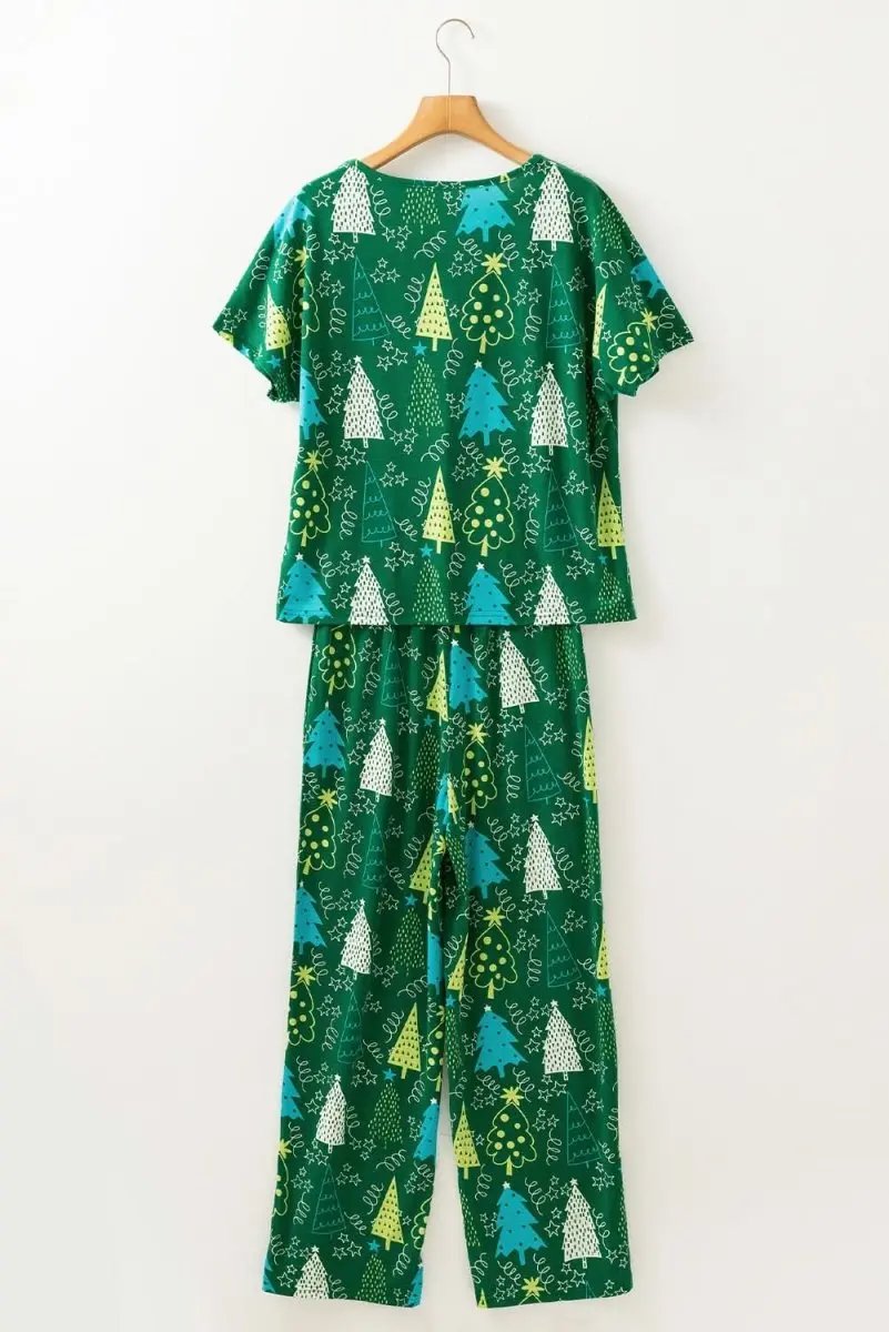 Green Christmas Tree Print V Neck Tee and Pants Lounge Set - Love Salve 