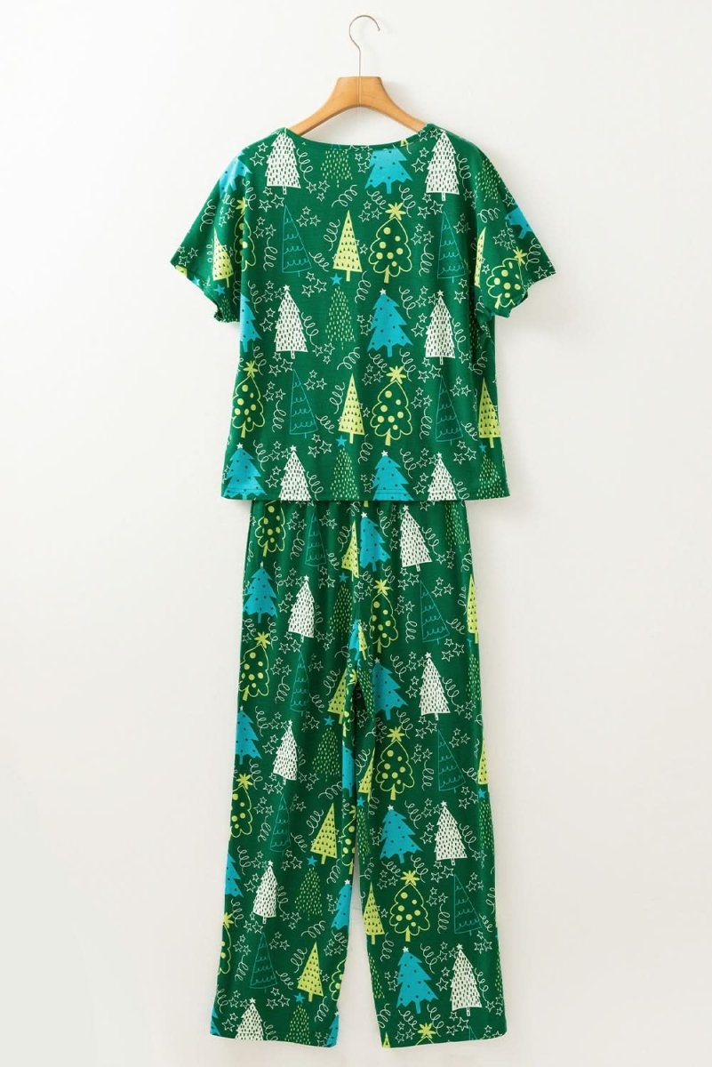 Green Christmas Tree Print V Neck Tee and Pants Lounge Set - Love Salve