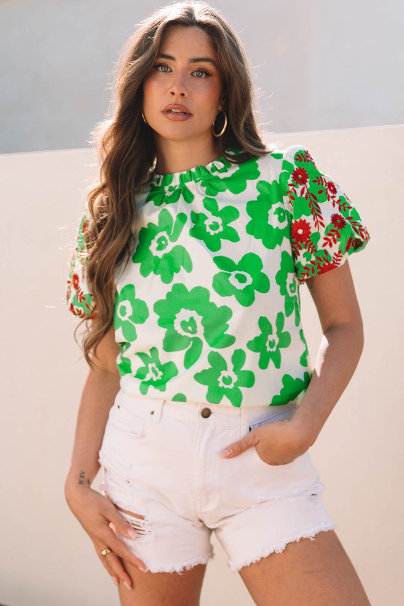 Green Contrast Embroidered Puff Short Sleeve Floral Blouse - Love Salve 