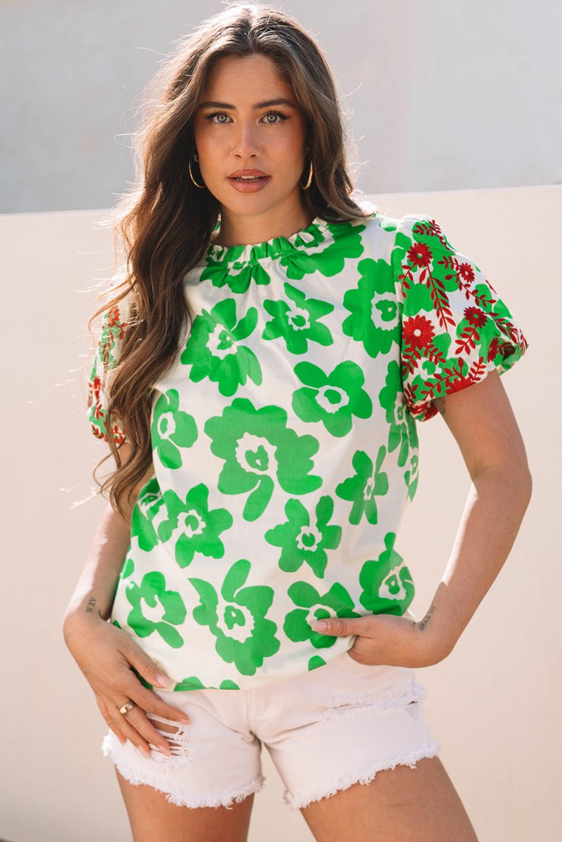Green Contrast Embroidered Puff Short Sleeve Floral Blouse - Love Salve 