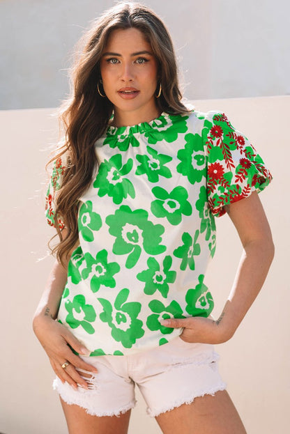 Green Contrast Embroidered Puff Short Sleeve Floral Blouse - Love Salve 