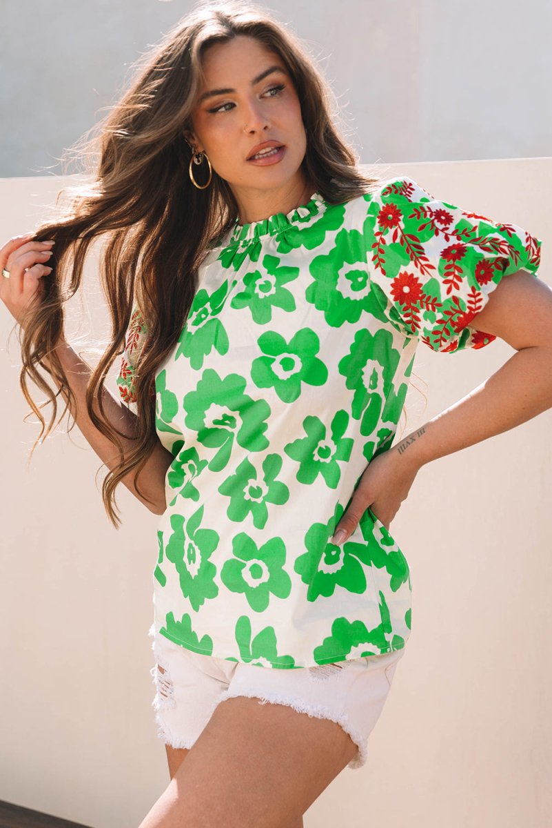 Green Contrast Embroidered Puff Short Sleeve Floral Blouse - Love Salve 