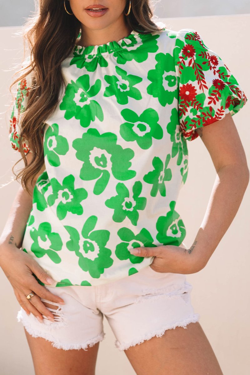 Green Contrast Embroidered Puff Short Sleeve Floral Blouse - Love Salve 