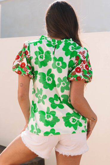 Green Contrast Embroidered Puff Short Sleeve Floral Blouse - Love Salve 