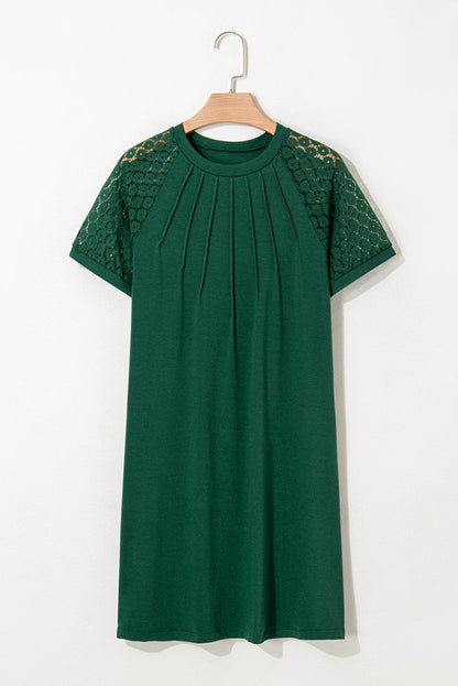 Green Contrast Lace Raglan Sleeve Pleated Detail Shift Dress - Love Salve 