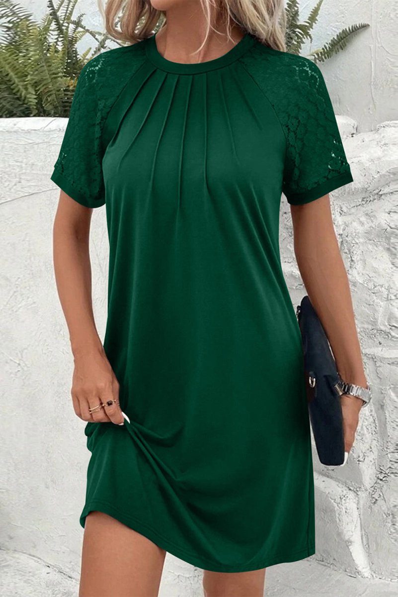 Green Contrast Lace Raglan Sleeve Pleated Detail Shift Dress - Love Salve 