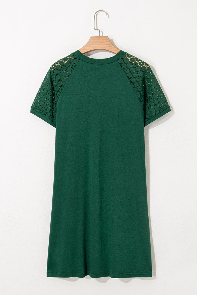 Green Contrast Lace Raglan Sleeve Pleated Detail Shift Dress - Love Salve 
