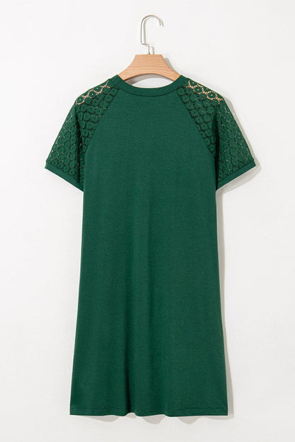 Green Contrast Lace Raglan Sleeve Pleated Detail Shift Dress - Love Salve 