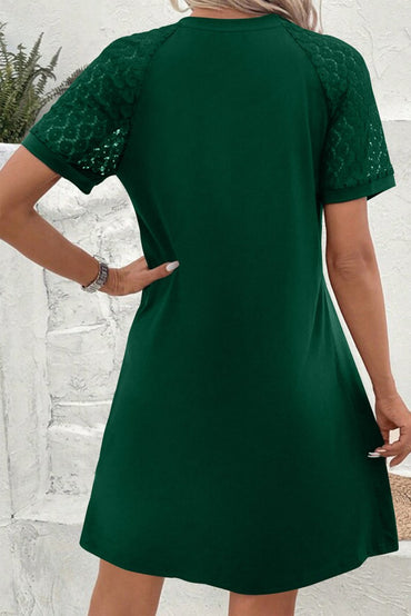 Green Contrast Lace Raglan Sleeve Pleated Detail Shift Dress - Love Salve 