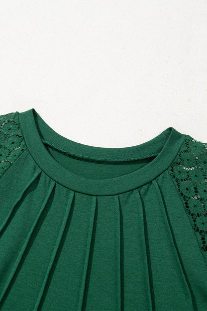 Green Contrast Lace Raglan Sleeve Pleated Detail Shift Dress - Love Salve 