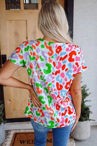 Green Contrast Leopard Print V Neck Short Sleeve Blouse for Women - Love Salve 