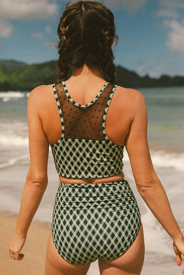 Green Dotted Mesh Plaid Patchwork High Waisted Bikini Set - Love Salve