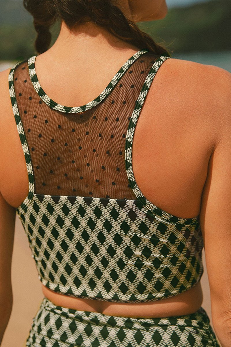 Green Dotted Mesh Plaid Patchwork High Waisted Bikini Set - Love Salve 