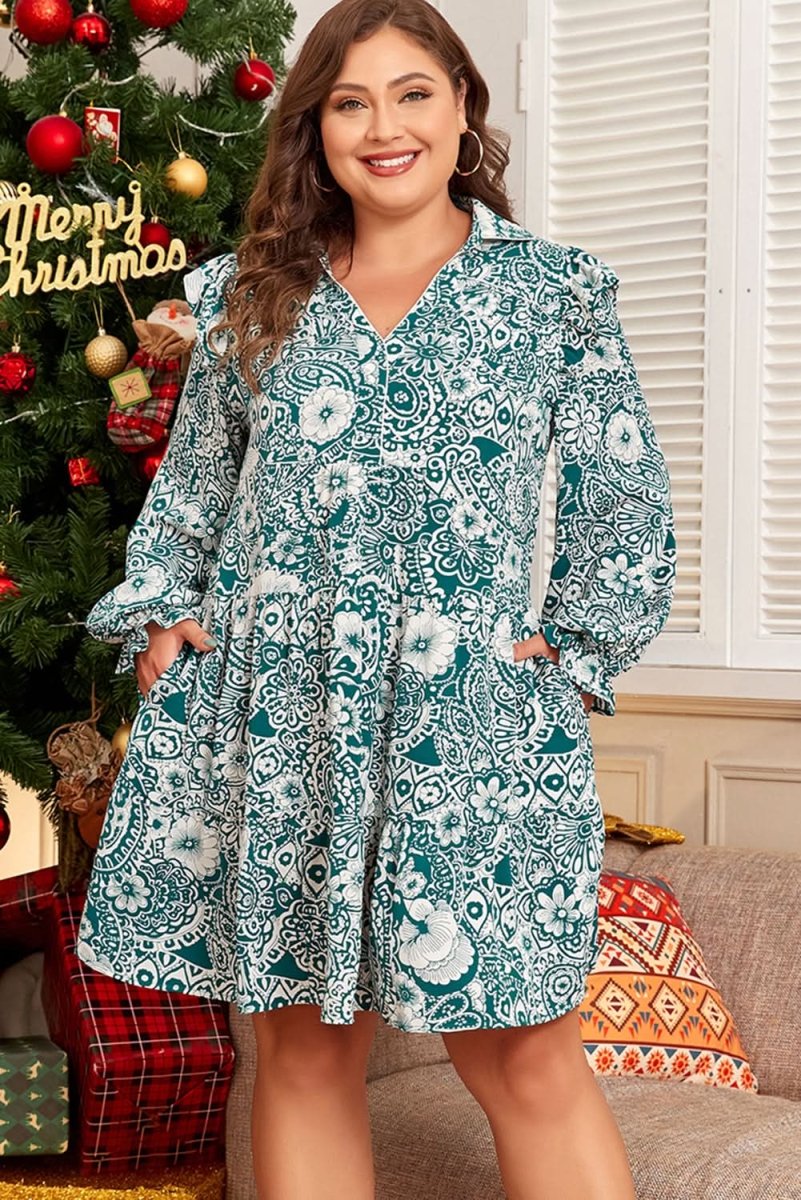 Green Floral Flounce Sleeve Split Neck Plus Size Dress - Love Salve