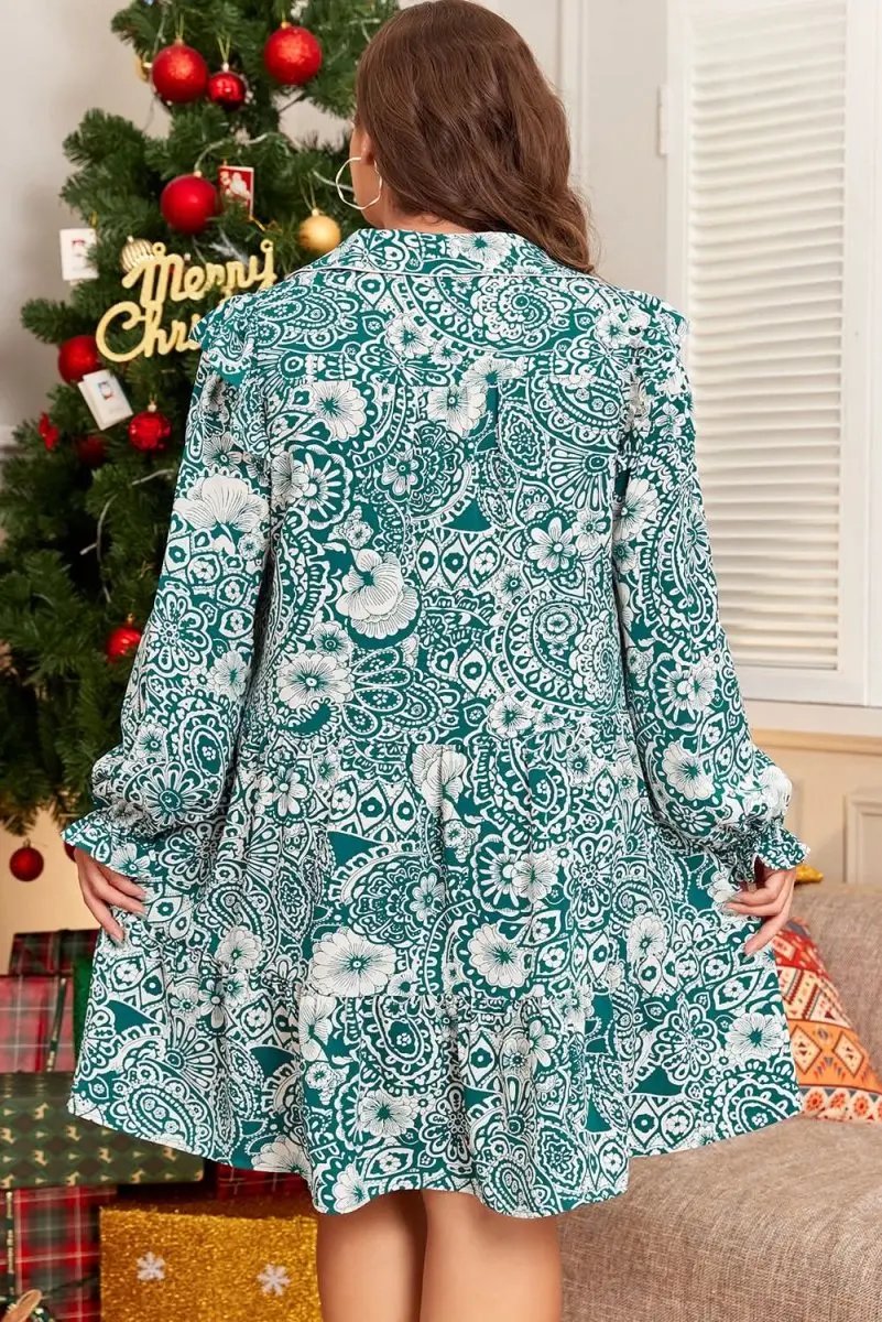 Green Floral Flounce Sleeve Split Neck Plus Size Dress - Love Salve 
