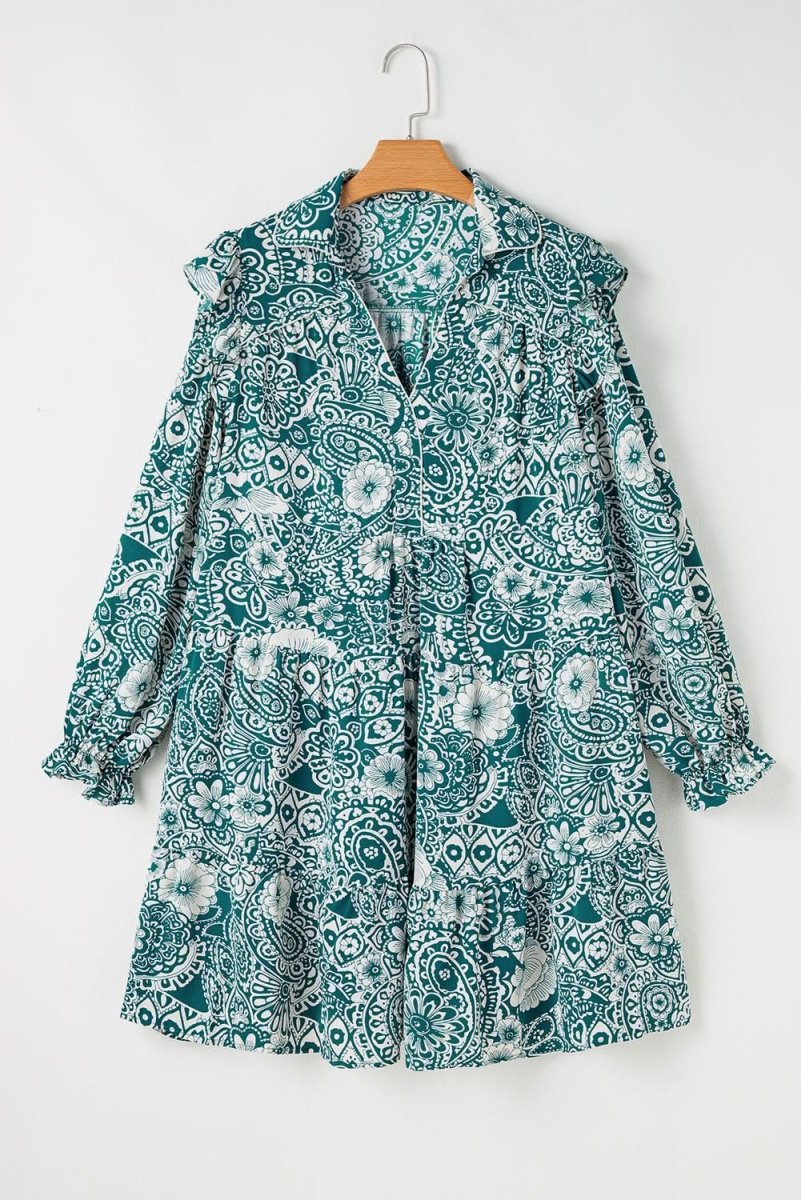 Green Floral Flounce Sleeve Split Neck Plus Size Dress - Love Salve