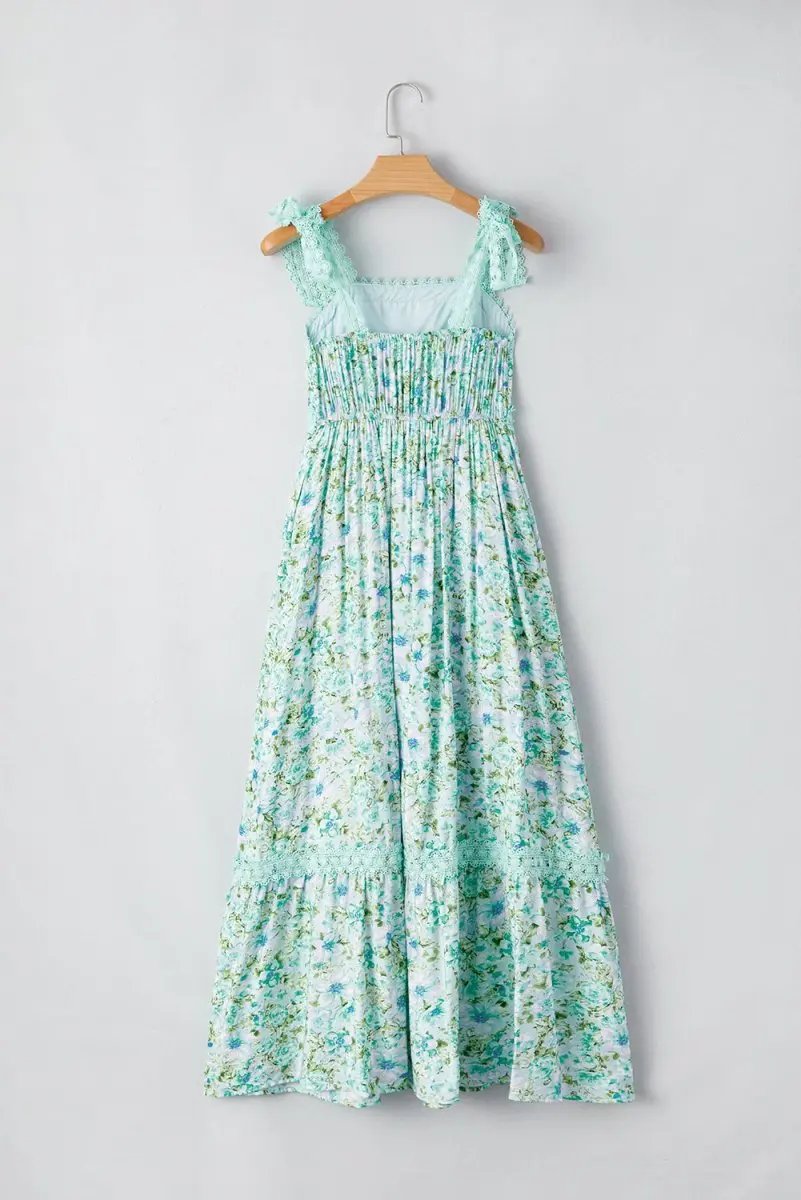 Green Floral Lace Tied Strap Empire Waist Maxi Dress - Love Salve 
