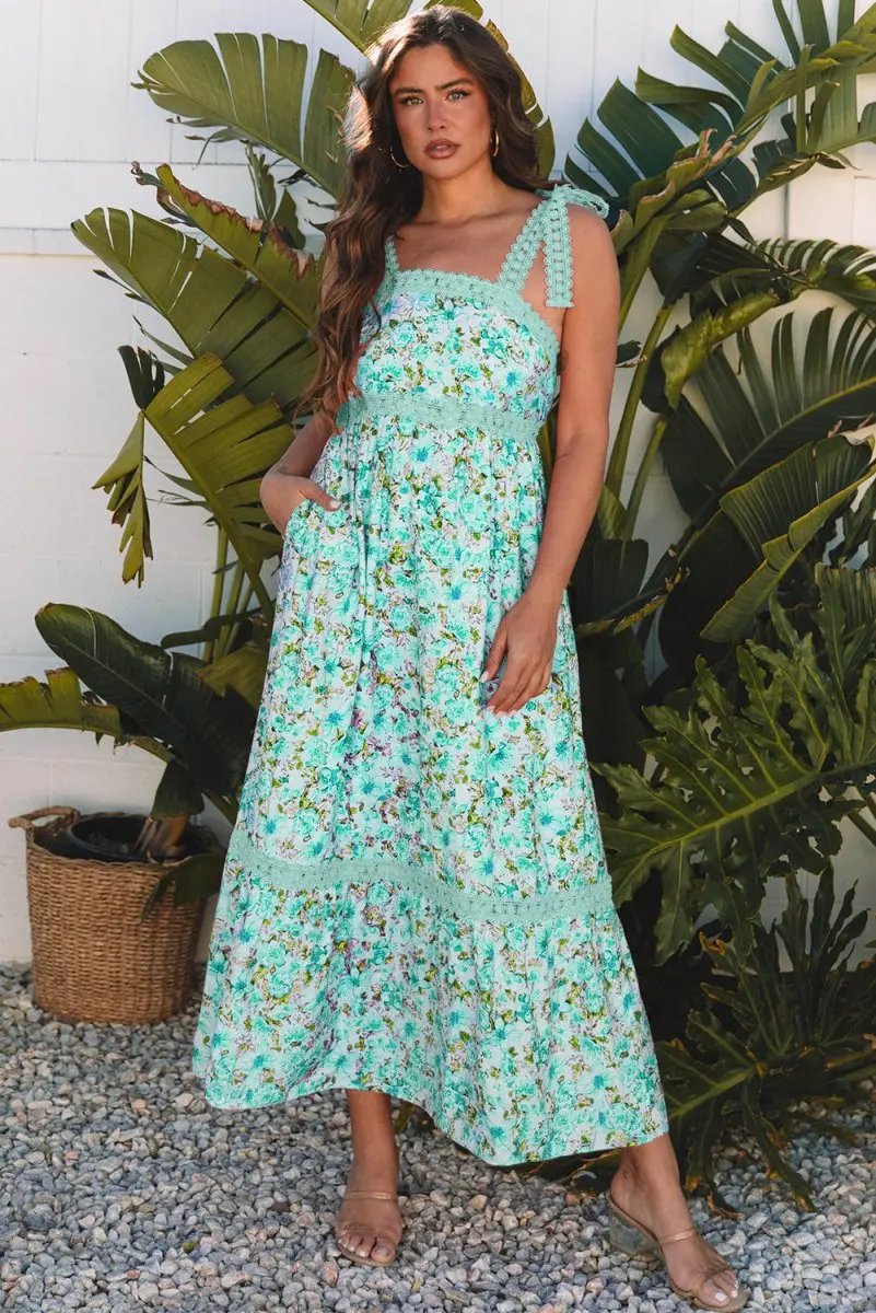 Green Floral Lace Tied Strap Empire Waist Maxi Dress - Love Salve 