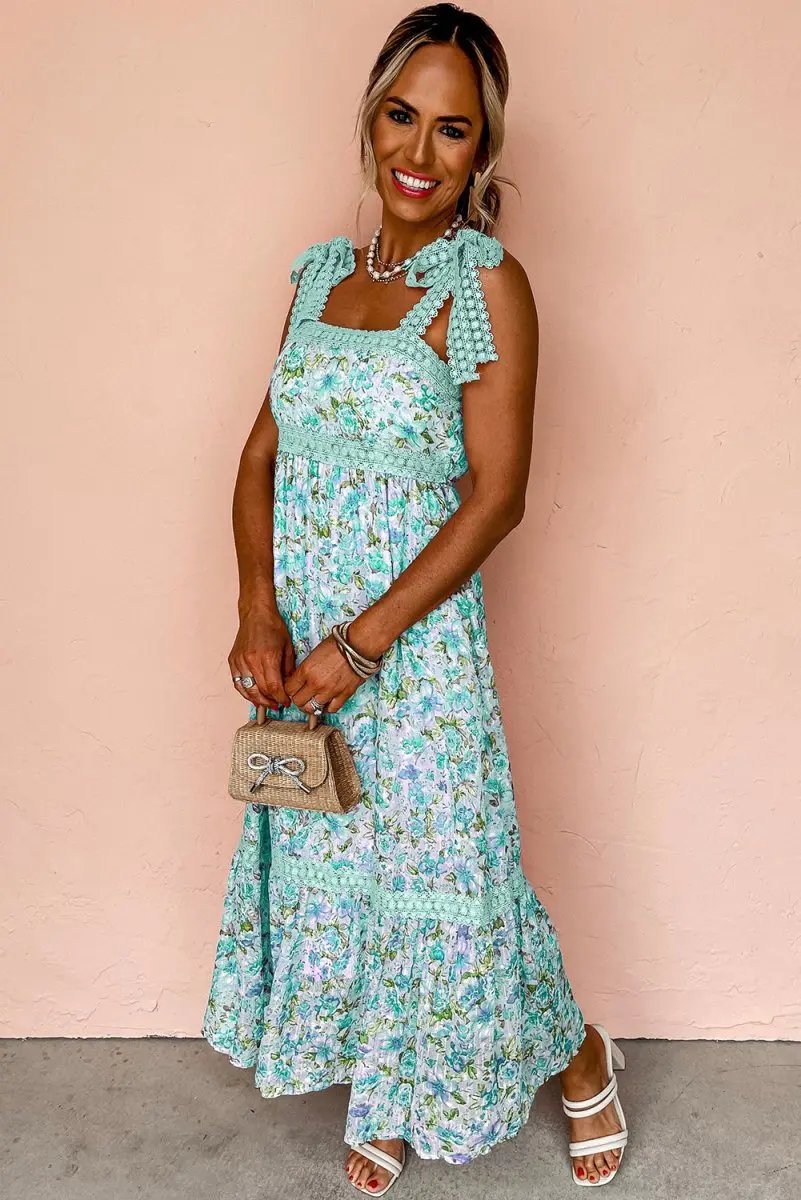 Green Floral Lace Tied Strap Empire Waist Maxi Dress - Love Salve 