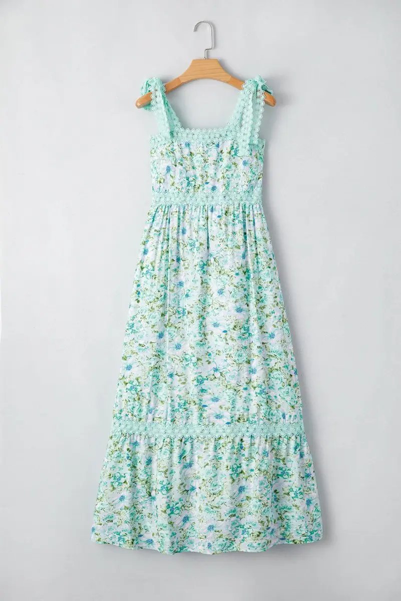 Green Floral Lace Tied Strap Empire Waist Maxi Dress - Love Salve 