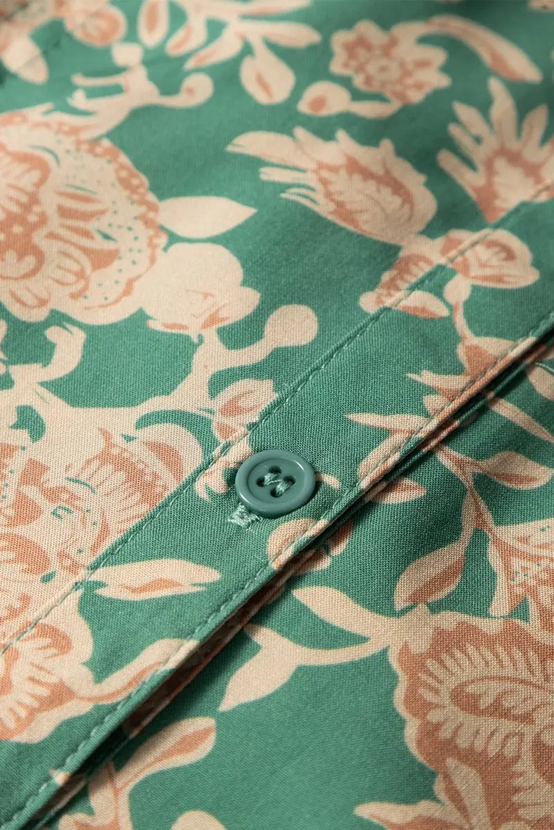 Green Floral Print Pleated Buttoned V Neck Short Sleeve Blouse - Love Salve 