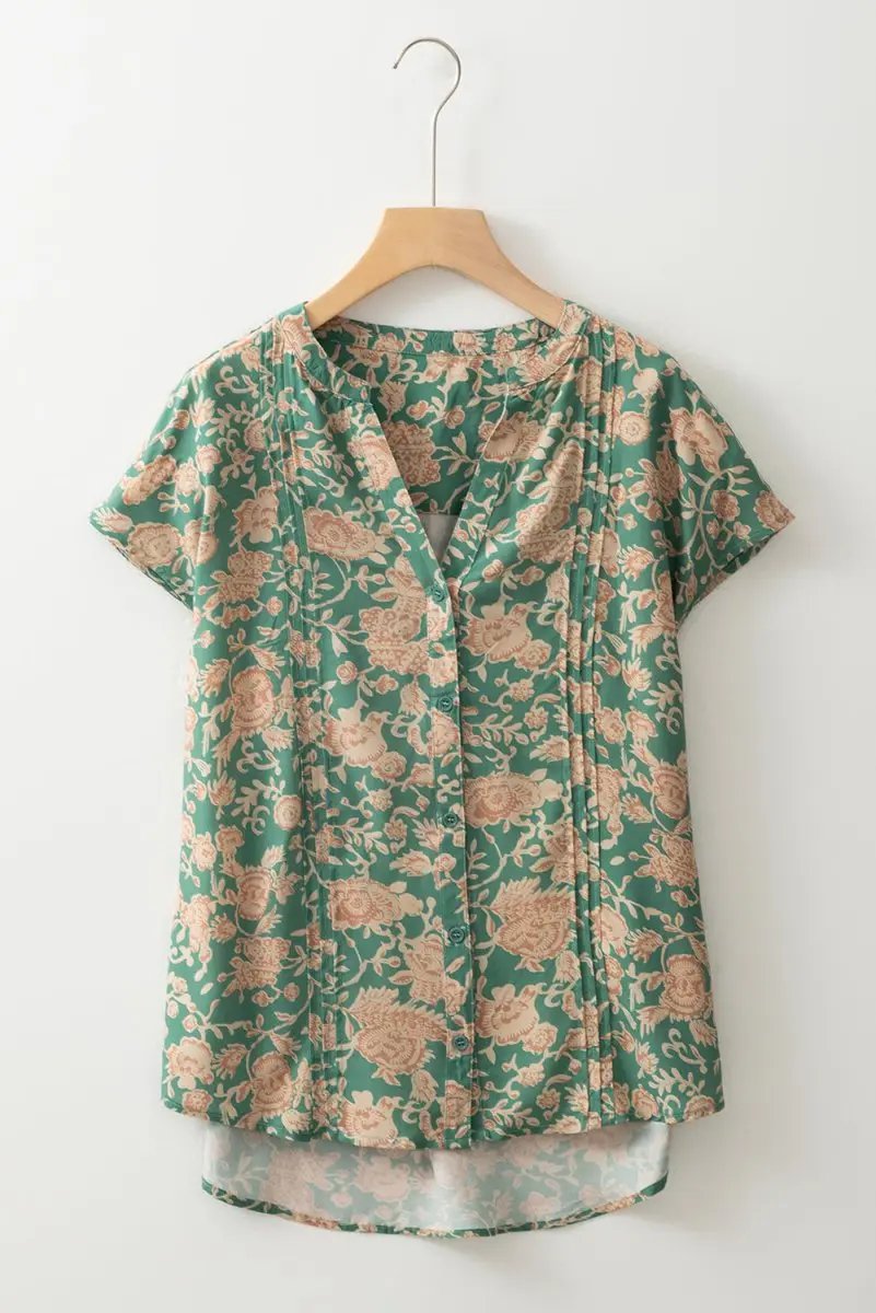 Green Floral Print Pleated Buttoned V Neck Short Sleeve Blouse - Love Salve 