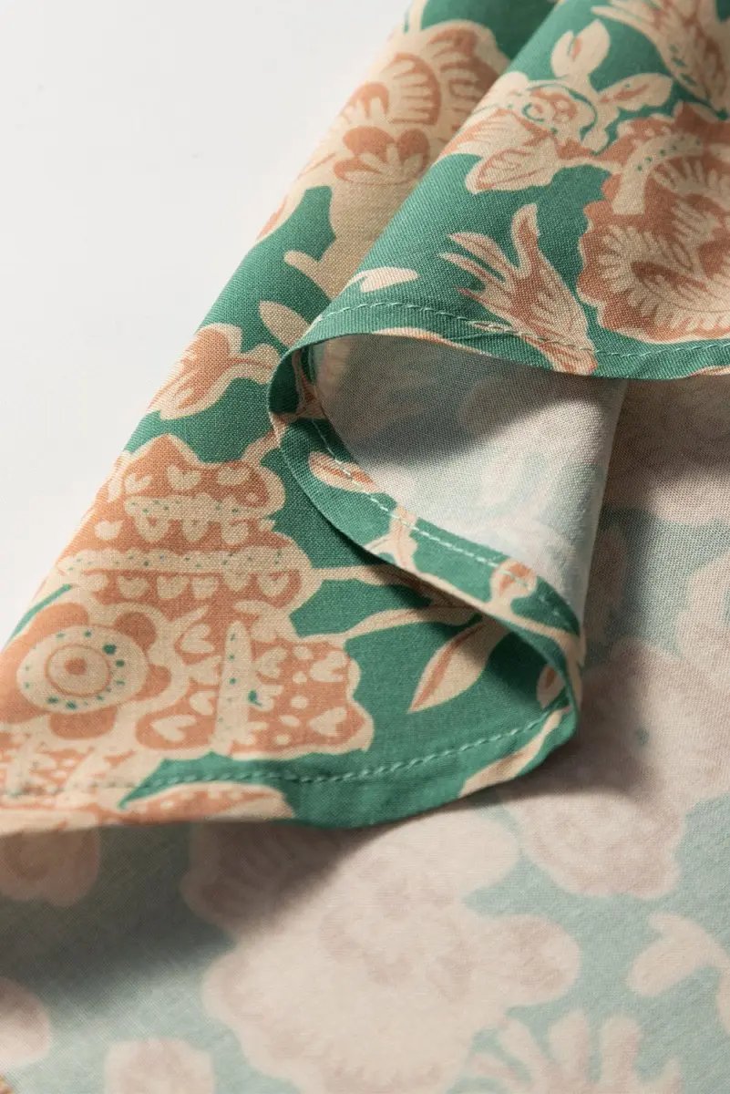 Green Floral Print Pleated Buttoned V Neck Short Sleeve Blouse - Love Salve 