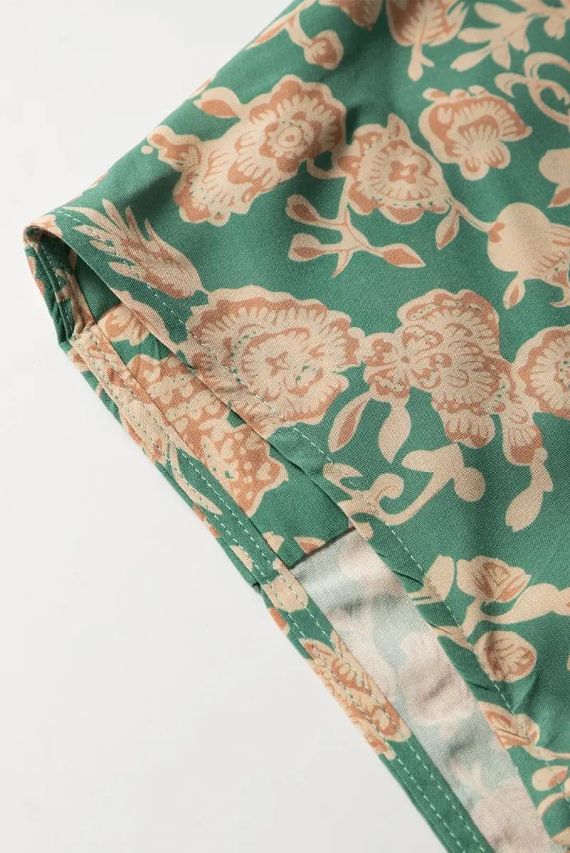 Green Floral Print Pleated Buttoned V Neck Short Sleeve Blouse - Love Salve 