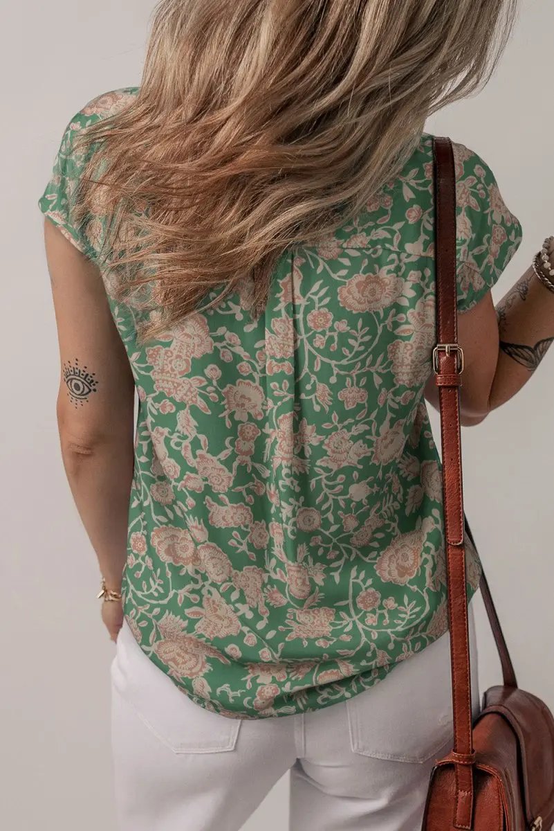 Green Floral Print Pleated Buttoned V Neck Short Sleeve Blouse - Love Salve 