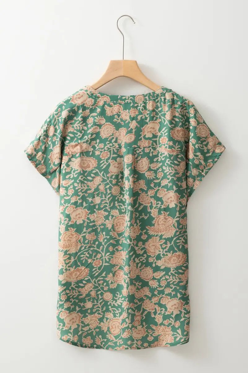 Green Floral Print Pleated Buttoned V Neck Short Sleeve Blouse - Love Salve 