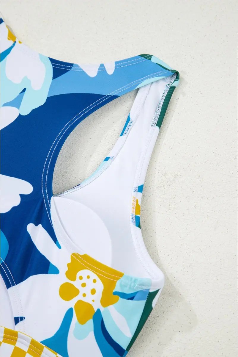 Green Floral Print Racerback Cutout High Waist 2pcs Bikini Set - Love Salve 