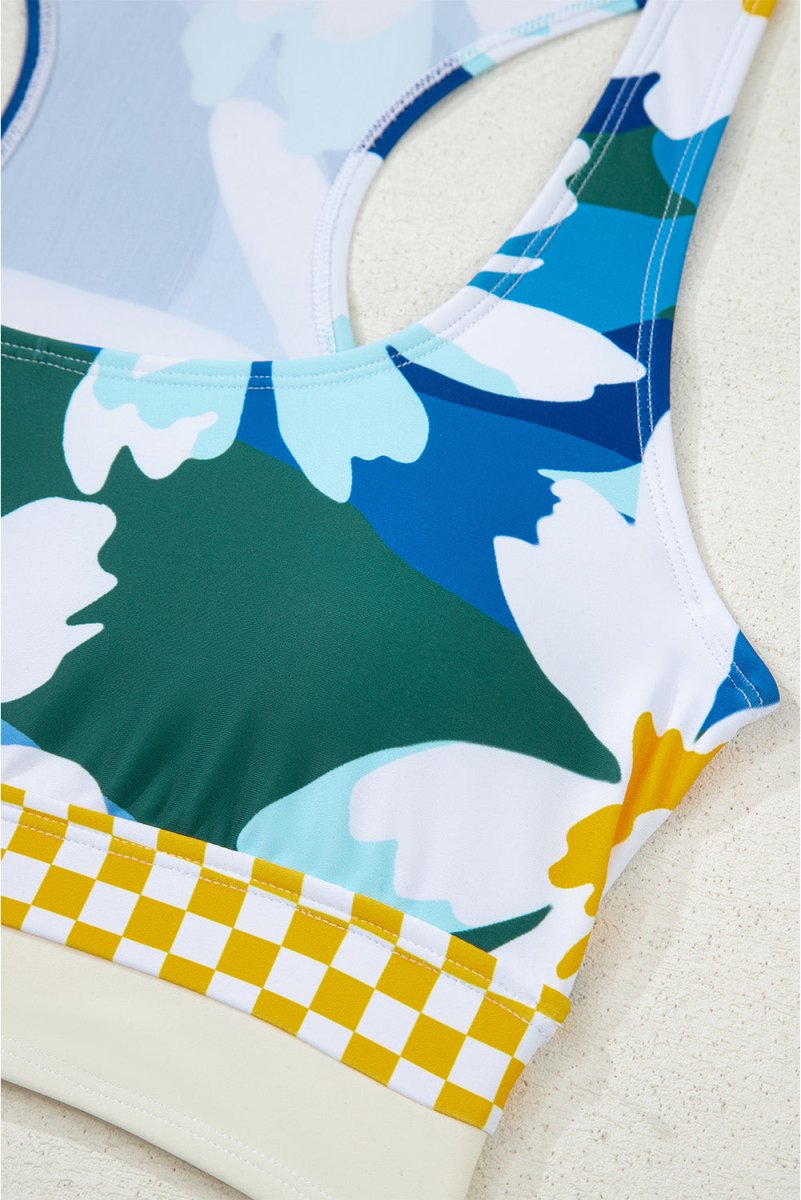 Green Floral Print Racerback Cutout High Waist 2pcs Bikini Set - Love Salve 