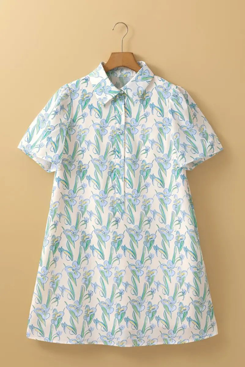 Green Floral Print Shirt Collar Buttoned Short Sleeve Shift Dress - Love Salve 