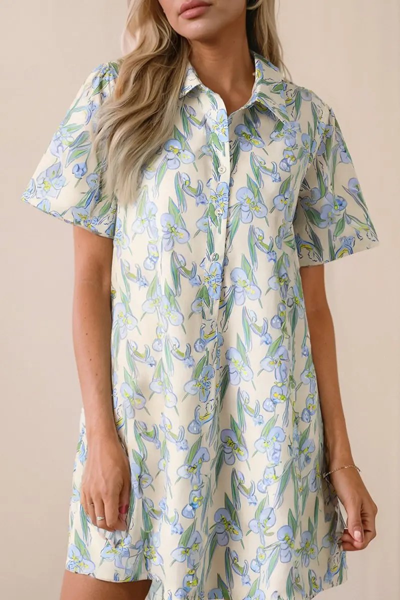 Green Floral Print Shirt Collar Buttoned Short Sleeve Shift Dress - Love Salve 