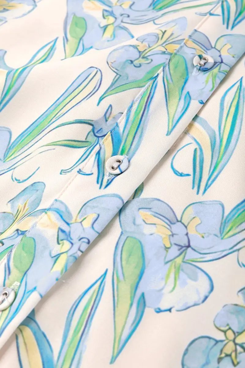 Green Floral Print Shirt Collar Buttoned Short Sleeve Shift Dress - Love Salve 