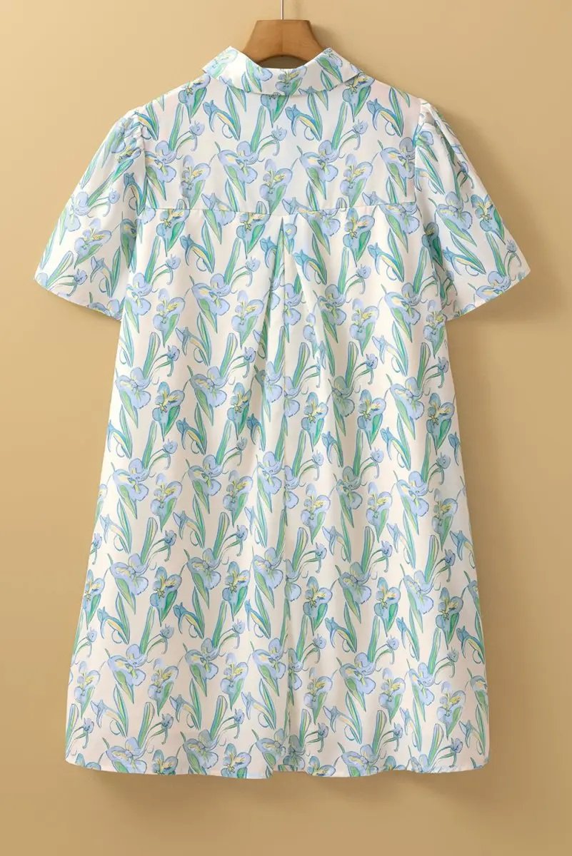 Green Floral Print Shirt Collar Buttoned Short Sleeve Shift Dress - Love Salve 