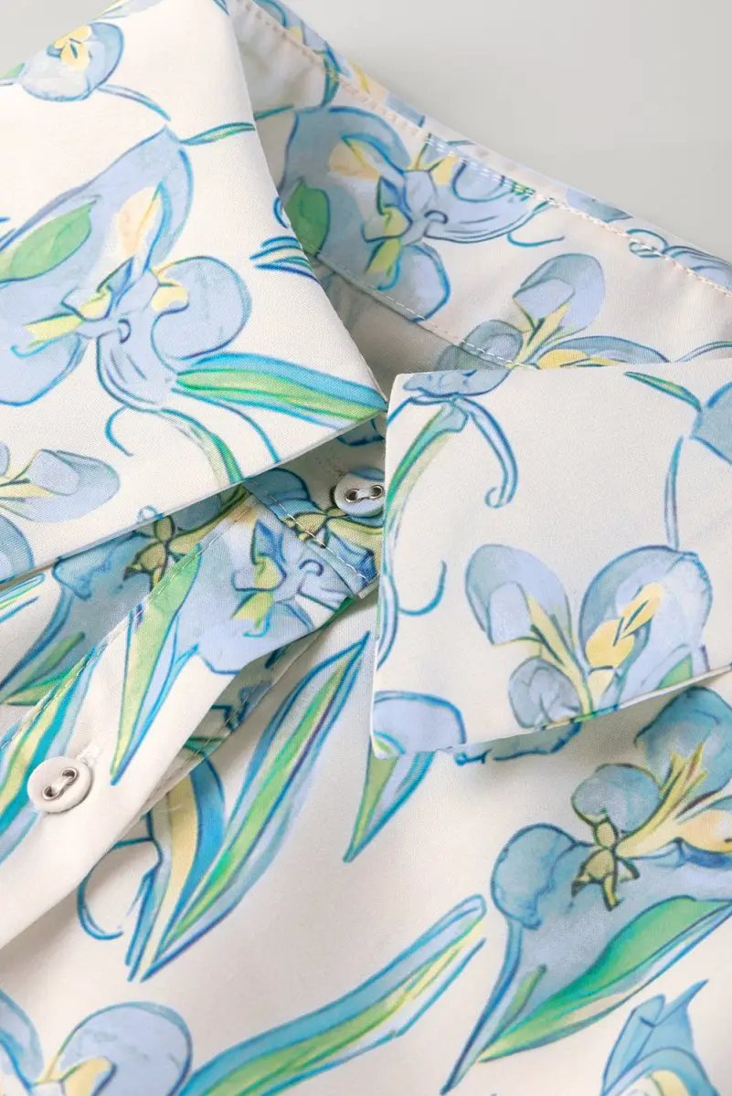 Green Floral Print Shirt Collar Buttoned Short Sleeve Shift Dress - Love Salve 