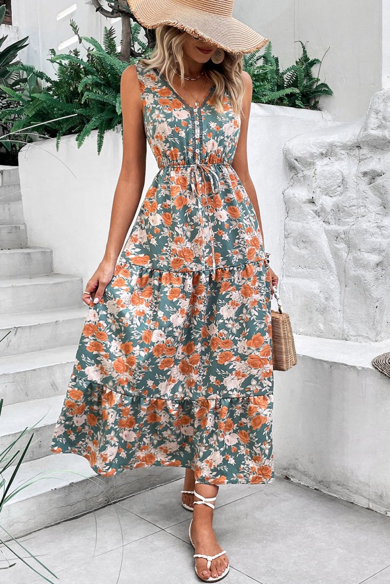 Green Floral Print Trimmed V Neck Tie Waist Sleeveless Dress - Love Salve 